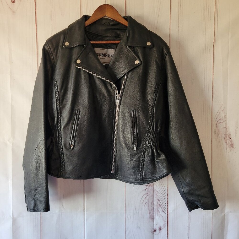 Unik Premium Women’s XXL Black Leather Braded Motorcycle Biker Jacket, NWOT